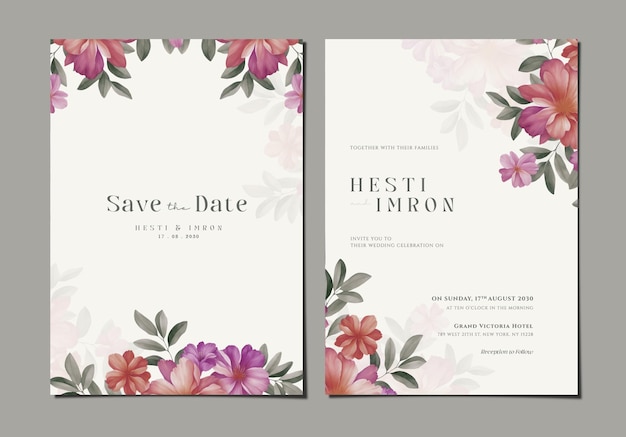 Elegant double sided wedding invitation template with flowers