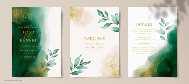 PSD elegante acquerello verde smeraldo e oro con foglie sul modello di carta di invito a nozze