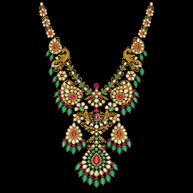 PSD elegant ethnic gold necklace design with gemstones and pearls