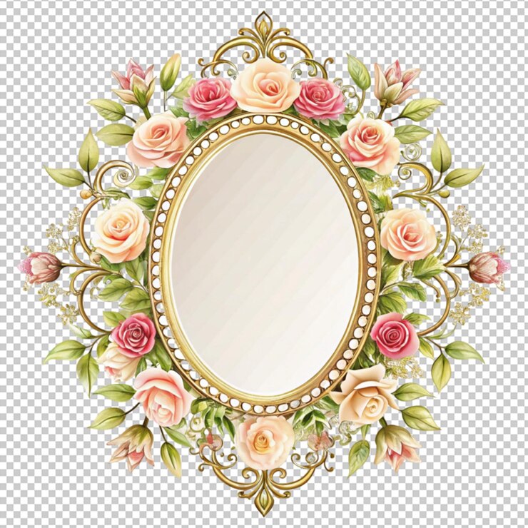 PSD elegant floral vintage mirror on transparent background