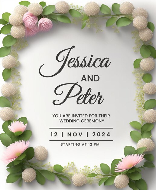 PSD elegant floral wedding invitation template for special occasion customizable green and white floral