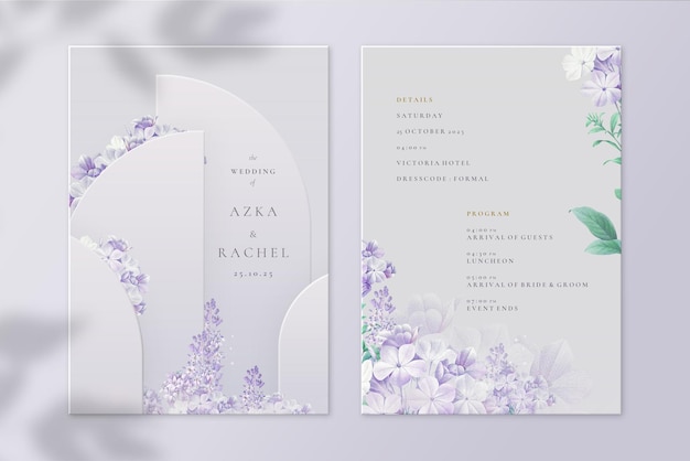 Элегантное геометрическое свадебное приглашение и деталь с фиолетовым цветком