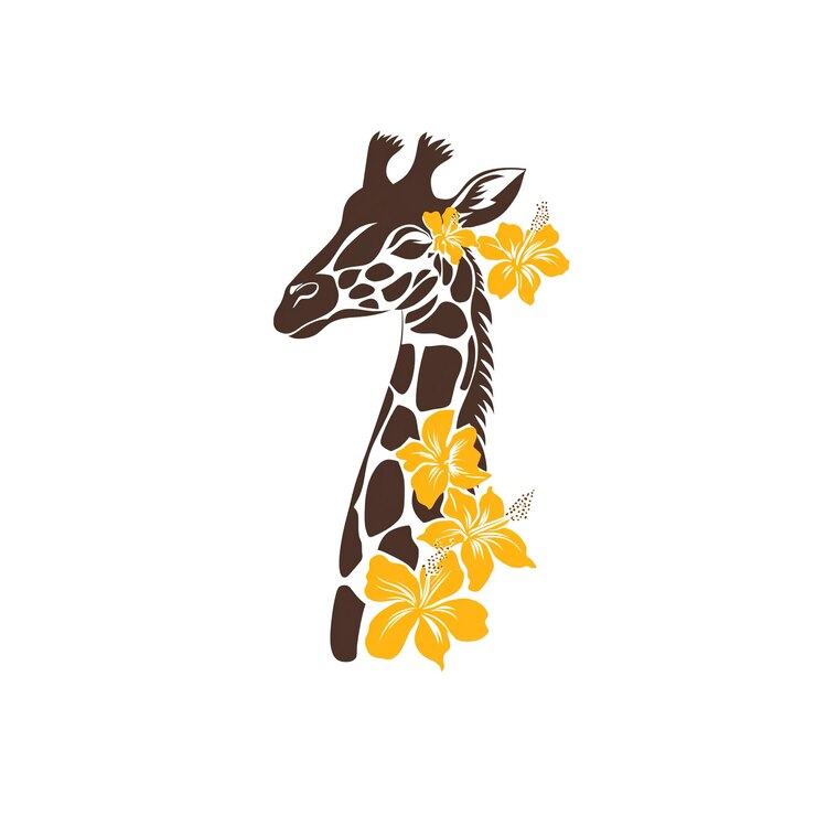 PSD elegant giraffe silhouette with hibiscus flowers