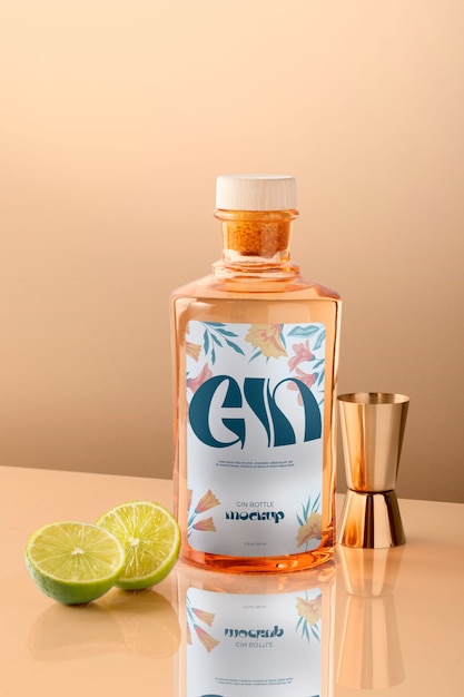 PSD elegant glass bottle of gin with label mock-up design