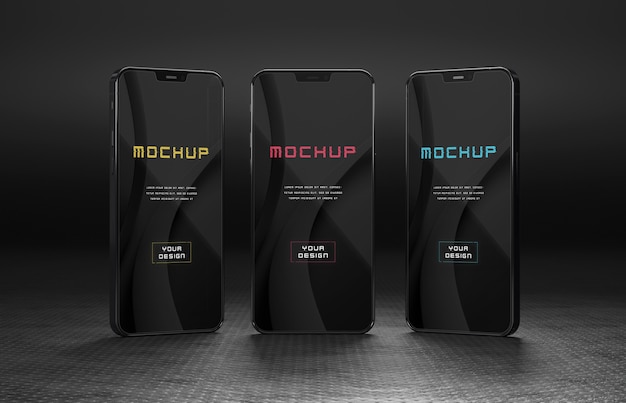 エレガントな光沢のある暗いスマートフォンのモックアップデザイン