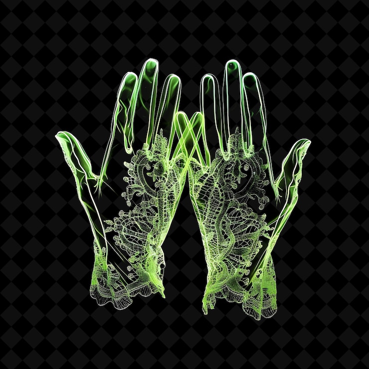 PSD elegant gloves with intricate lace patterns and a delicate t neon object on dark background