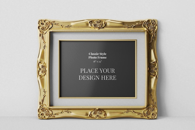 PSD elegant gold antique decorative ornament landscape photo wall frame realistic mockup