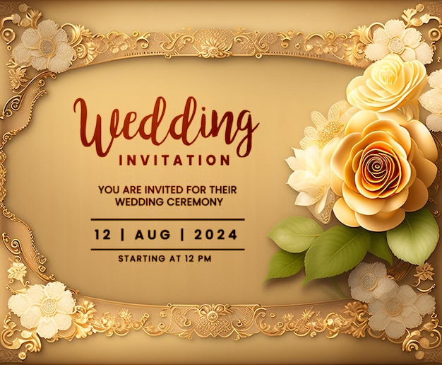 PSD elegante invito al matrimonio con fiori d'oro invito reale al matrimonio beige e d'oro