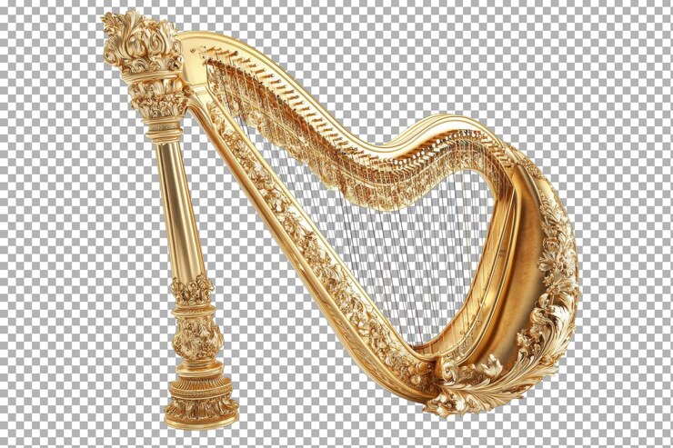 PSD elegant golden harp with intricate designs showcasing fine craftsmanship and artistry