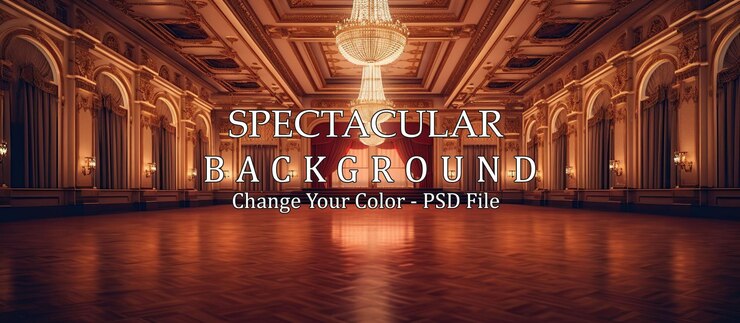 PSD elegant grand ballroom with chandelier and rich interior design