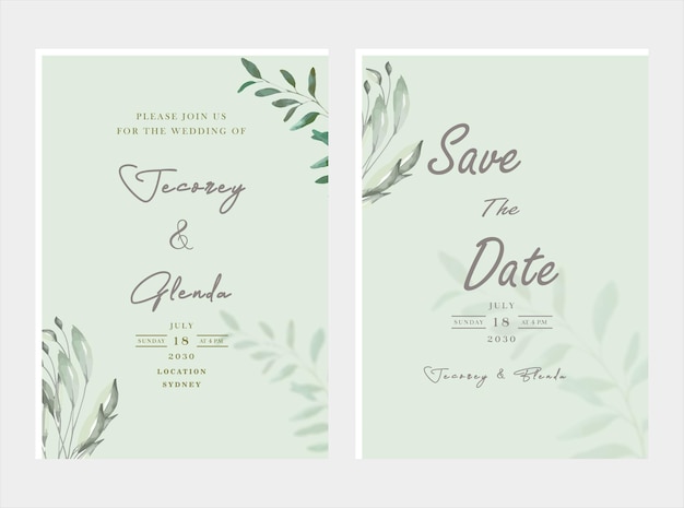 Elegant greenery on wedding invitation card template psd