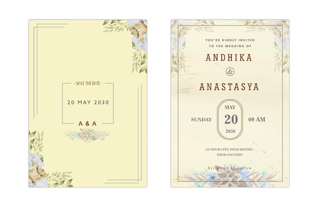 Elegant greenery on wedding invitation card template psd