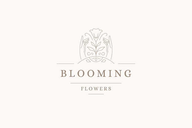 Elegant human hands with spring blooming narcissus wild rural flower line logo