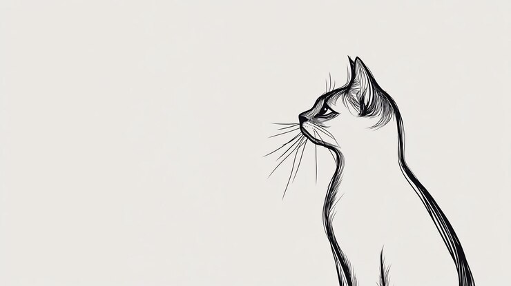 PSD elegant line art drawing of a cat in profile view sitting and looking to the right on a light grey background