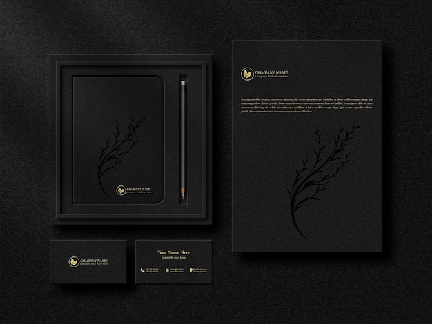 PSD set mockup di cancelleria elegante e di lusso con effetto lamina d'oro