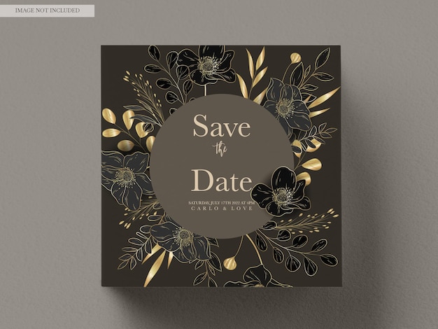 PSD Элегантная роскошная свадебная пригласительная открытка с золотым цветочным орнаментом