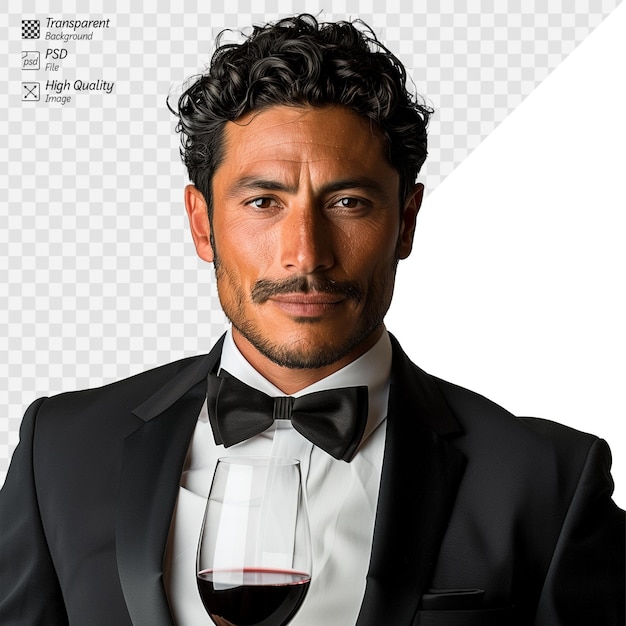 PSD elegant man in tuxedo holding a glass of red wine