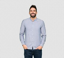 Elegant man with shirt smiling a lot while putting hands on chest