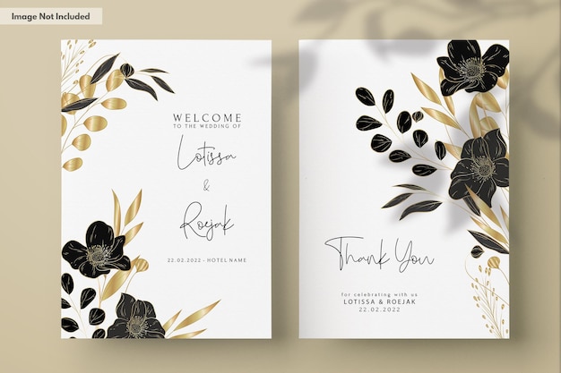 Elegant minimalist wedding invitation card with luxury gold floral