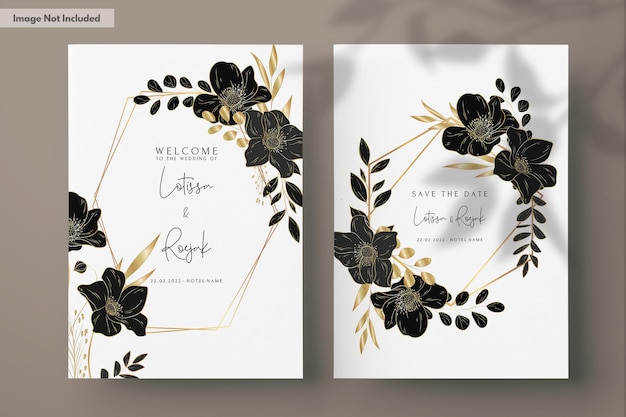 PSD elegant minimalist wedding invitation card with luxury gold floral