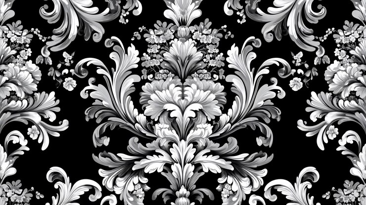 PSD elegant monochrome damask pattern with intricate floral details on a black background