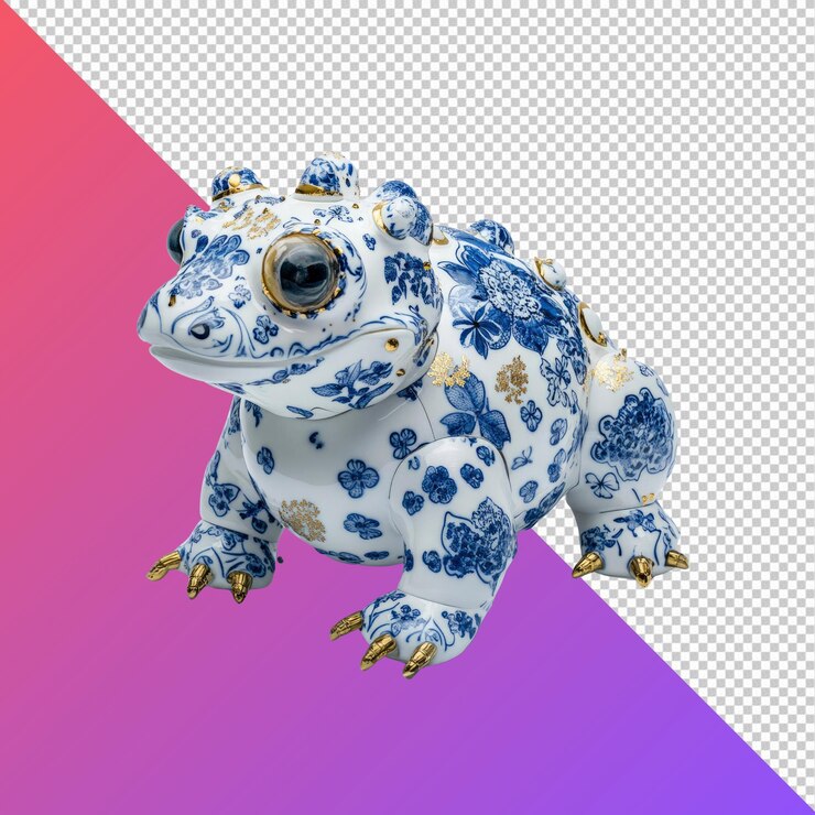 PSD elegant porcelain frog sculpture with blue and white floral design
