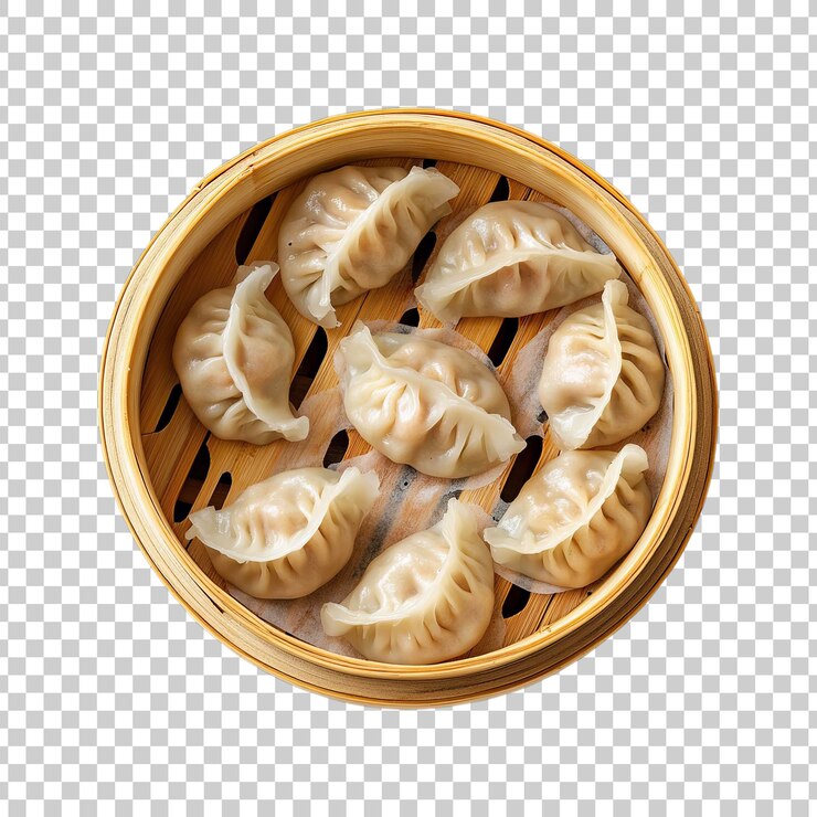 PSD elegant presentation of dumplings in a bamboo dish on transparent background