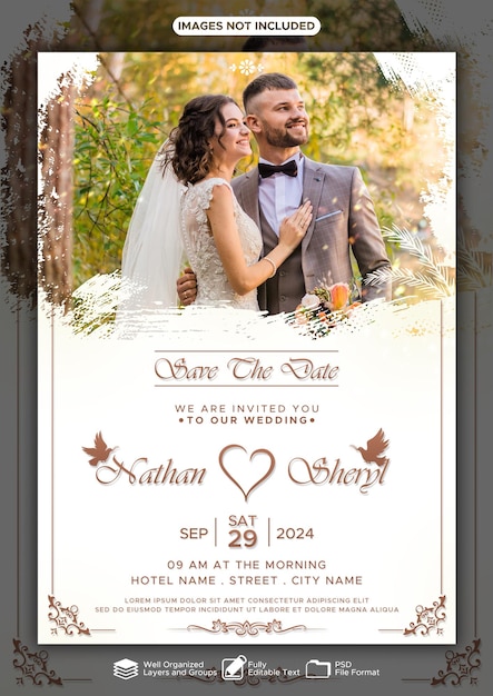 Elegant PSD Wedding Invitation Cover Design Template with White Background Color