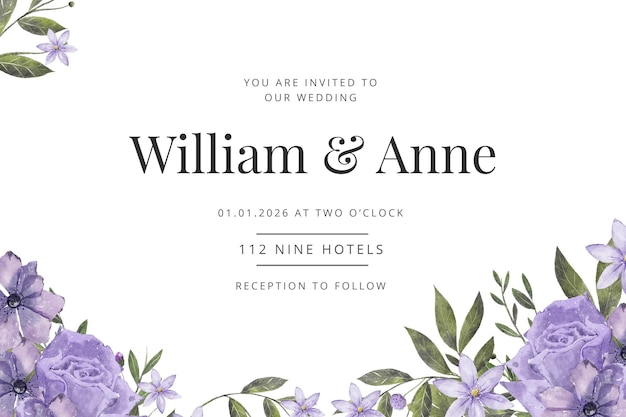 PSD エレガントな紫色の水彩画の結婚式の招待状のテンプレート