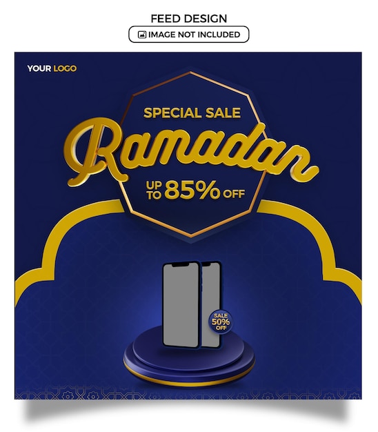 PSD elegant ramadan sale post template with blue gold 3d rendering elements