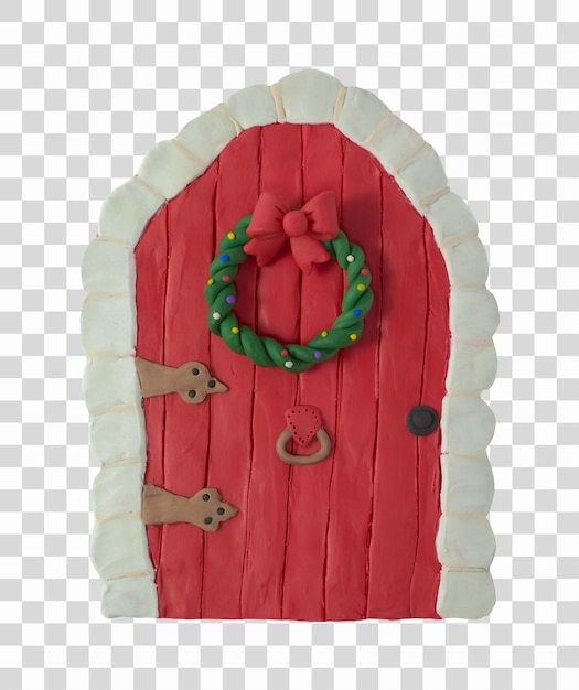 Elegant red door decorated with a Christmas wreath. Concept of christmas arrival. Christmas garland