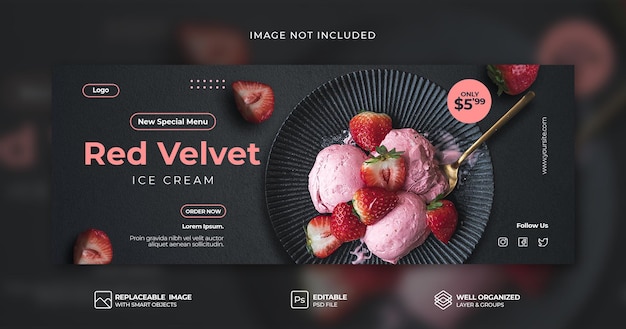 PSD elegant red velvet ice cream menu promotion social media facebook cover banner psd template