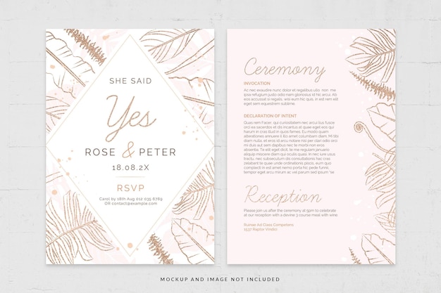 Elegante suite di modelli di carte per invito a nozze in oro rosa in psd