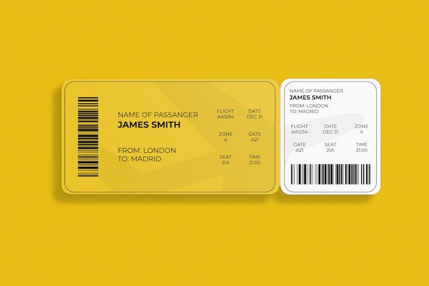 PSD elegant rounded corner boarding pass or airplane ticket mockup design