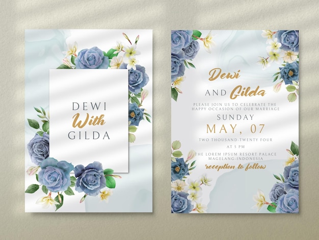 Elegant royal blue roses wedding invitation card