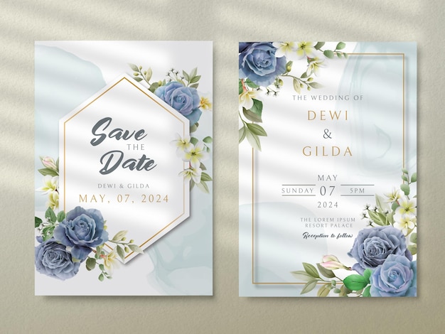 PSD elegant royal blue roses wedding invitation card