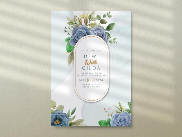 PSD elegant royal blue roses wedding invitation card