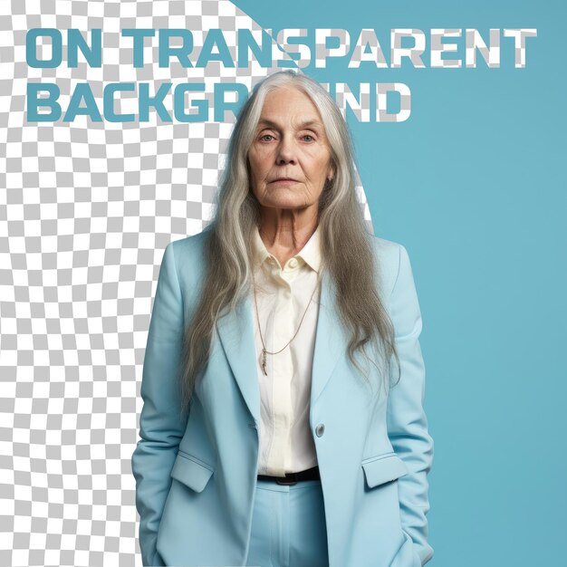 PSD elegant scandinavian lawyer posing relaxed in pastel sky resentful senior with long hair hands in pockets