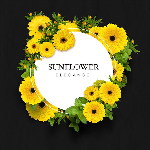 PSD elegant sunflower frame with dark black background