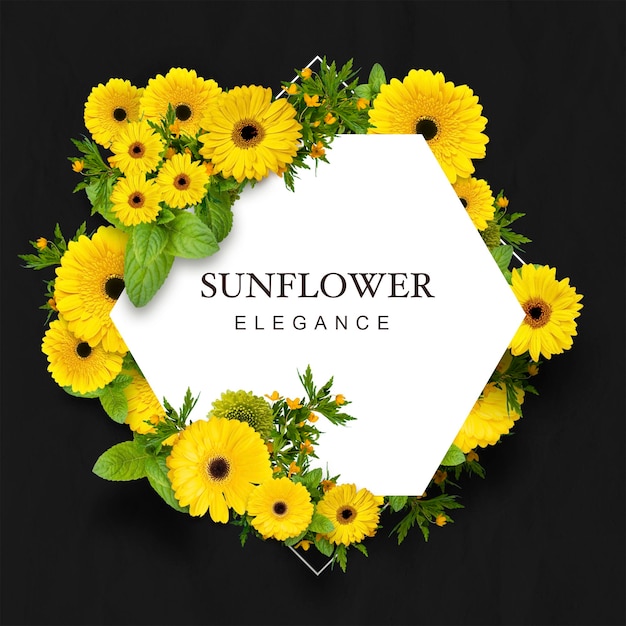 PSD elegant sunflower frame with dark black background