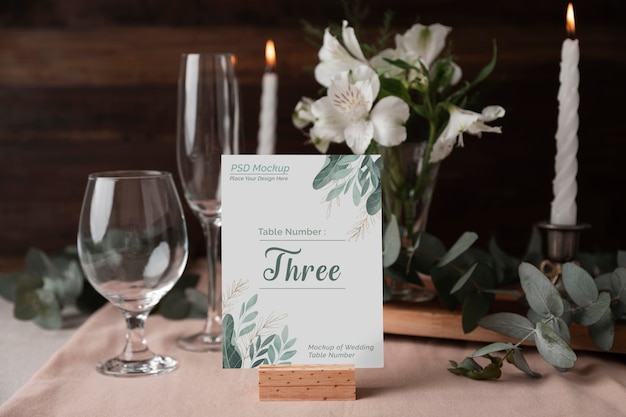PSD elegant table setting for occasion with table number mock-up