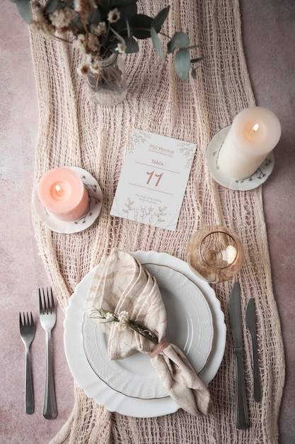 Elegant table setting for occasion with table number mock-up