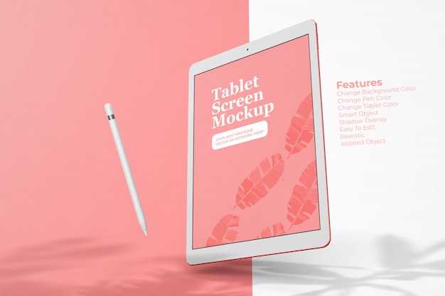 PSD mockup elegante per tablet galleggiante con matita digitale