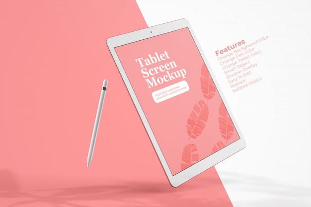 PSD mockup elegante per tablet galleggiante con matita digitale