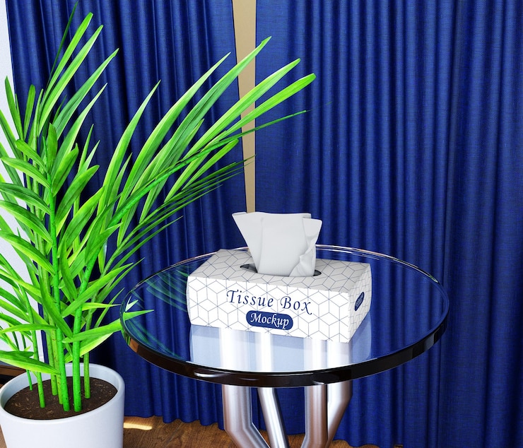 PSD elegant tissue box mockup on transparent glass table