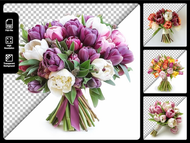 PSD elegant tulip bouquet in spring colors isolated on transparent background