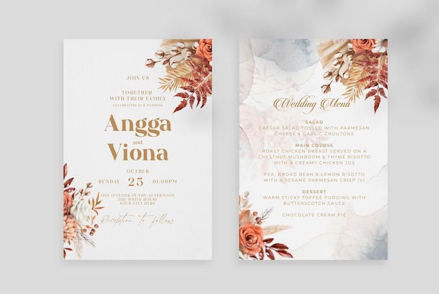 PSD modello di carta dell'invito di nozze fiore secco boho acquerello elegante