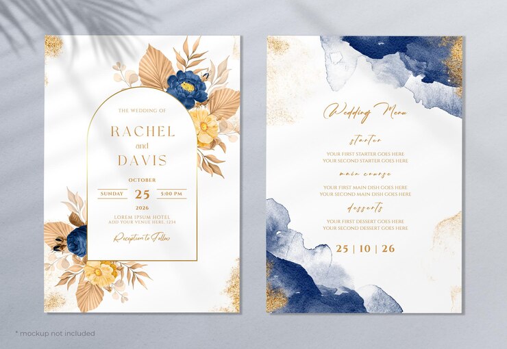 PSD elegant watercolor and dried floral wedding invitation card template