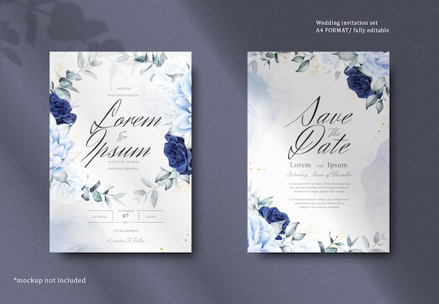 Elegant Watercolor Floral Frame Wedding Stationery with Navy Blue Flower and Leaves