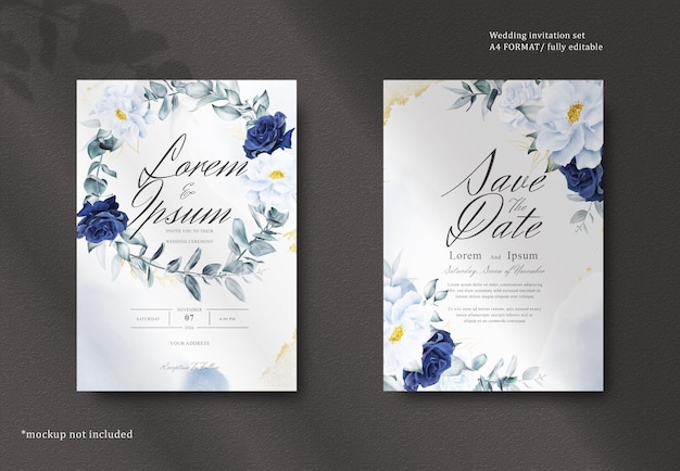 PSD elegant watercolor floral frame wedding stationery with navy blue flower and leaves